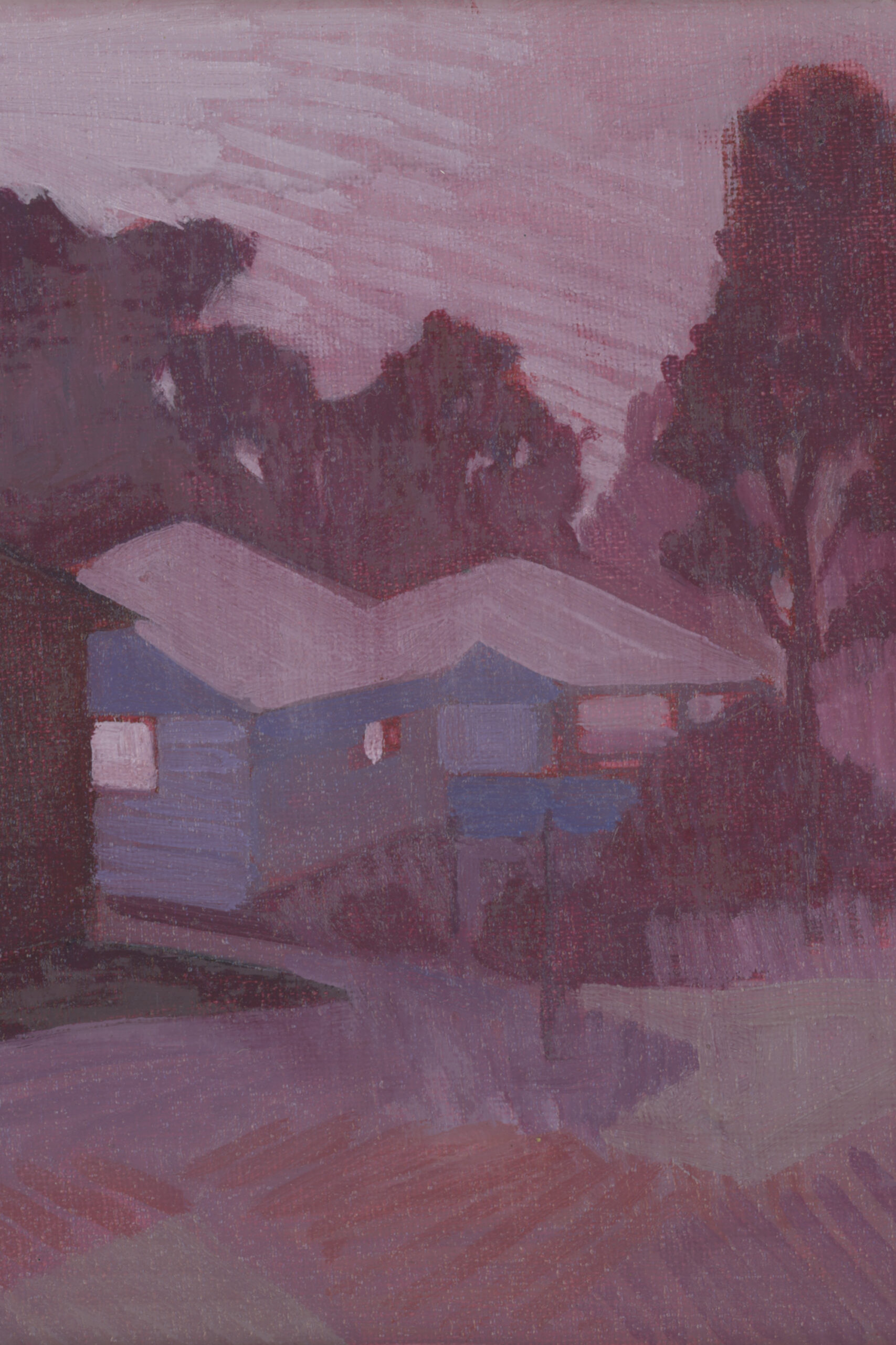 A painting of the Donnelly River Village cottages at night by Blake Poole, 2022 Donnelly Verandah Residencies