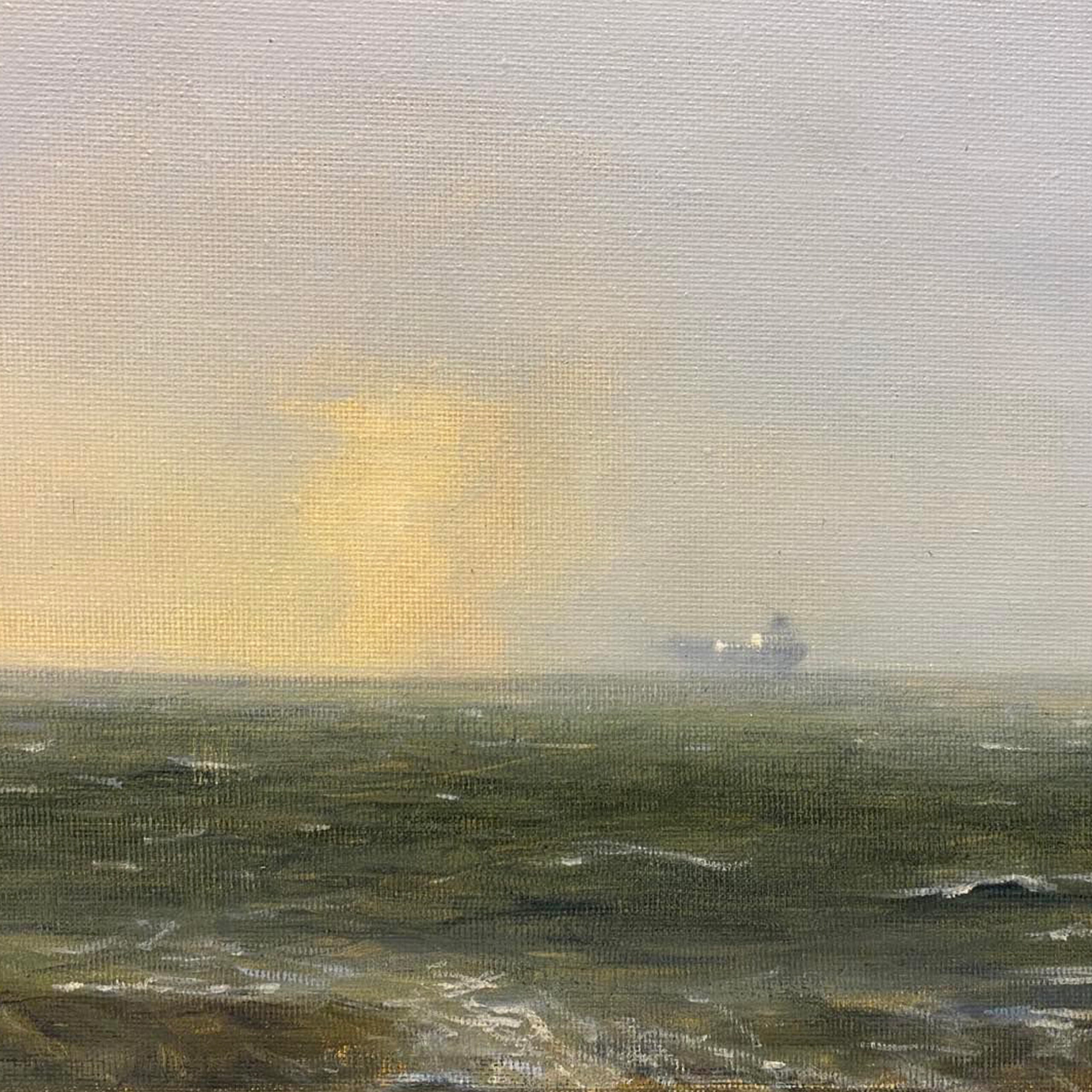 Painting by Jon Challen, stormy dark green ocean, sunlight through clouds and ship on the horizon.
