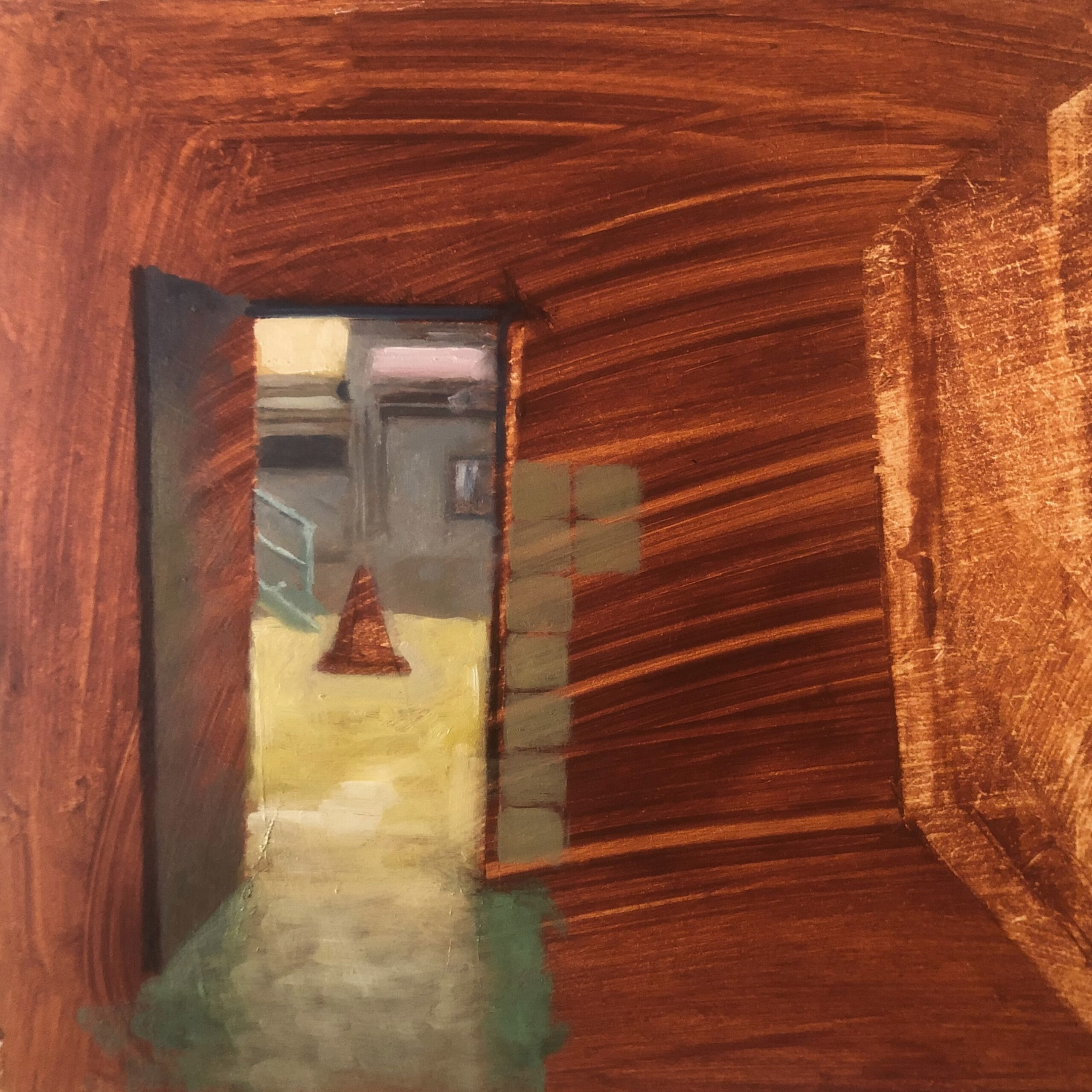 Painting by Ken Wadrop, looking out through an open door into a courtyard