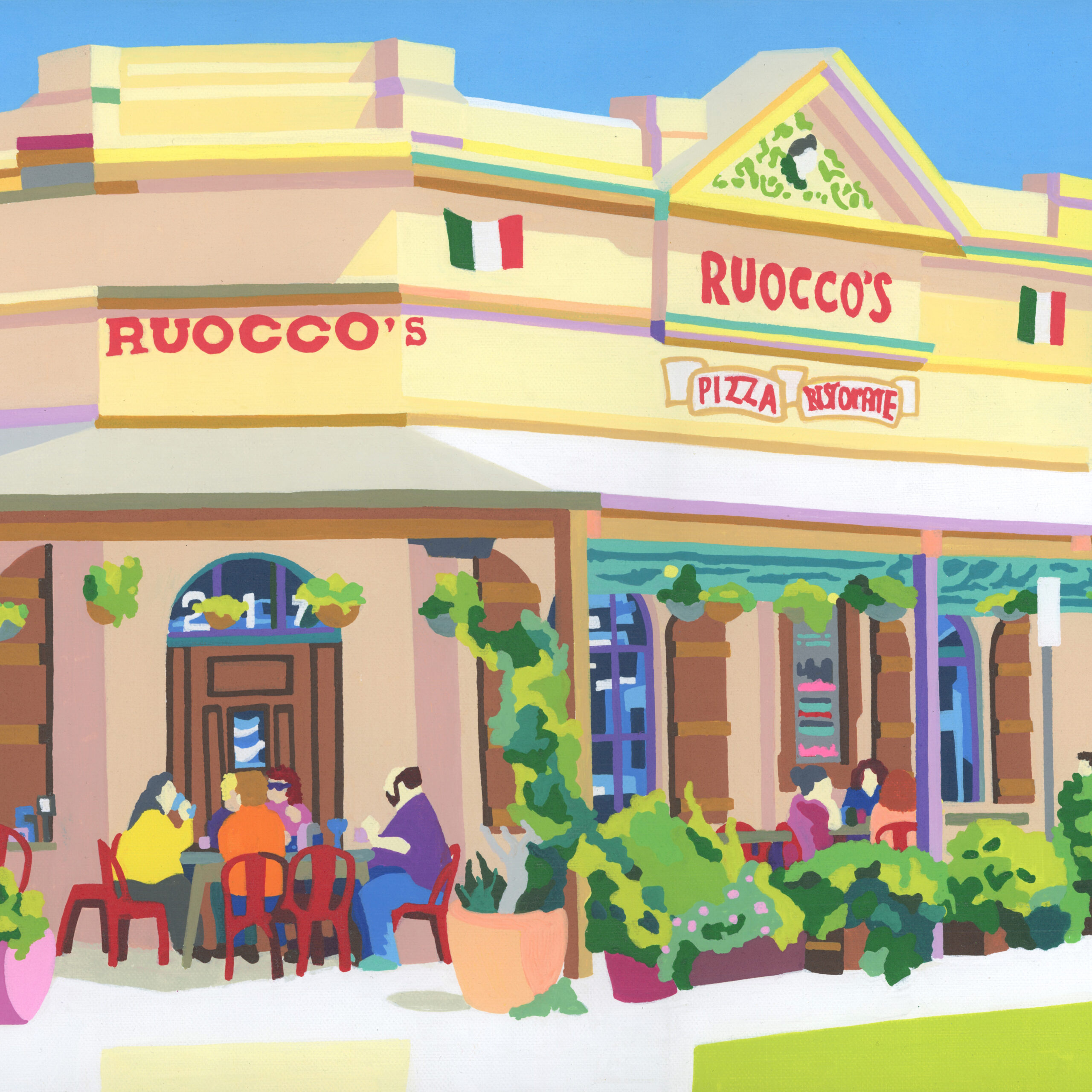 A detail of a painting by Toby Leek of Ruoccos Pizzeria Ristorante 355 x 710mm