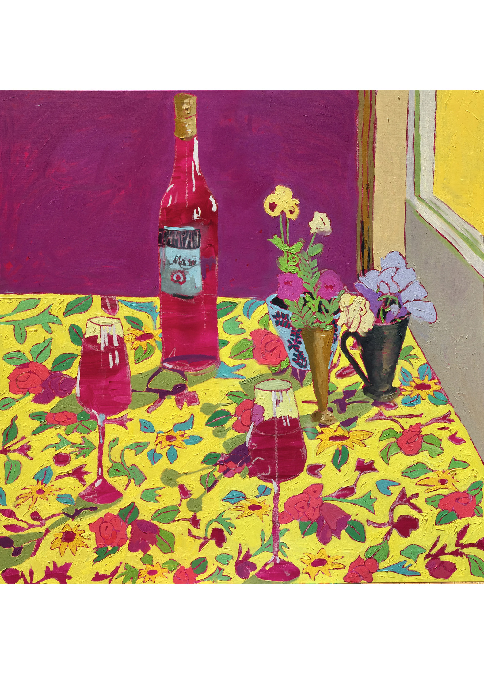 A painting by Jane Mitchell, two glasses, a Campari bottle and two vases on a floral table cloth.
