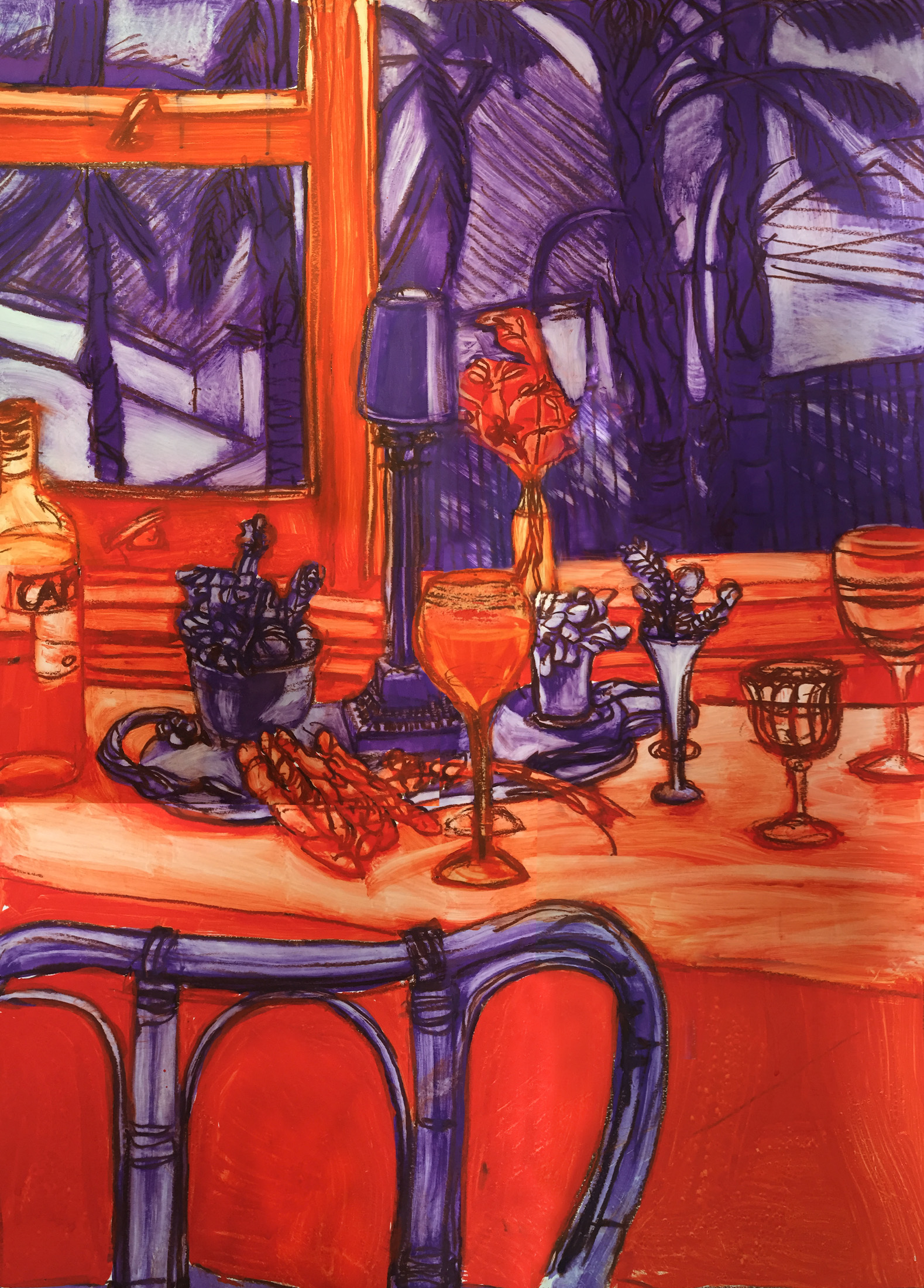 A painting by Sharon Officer, still life of glasses and bottles on a table in red and purple hues